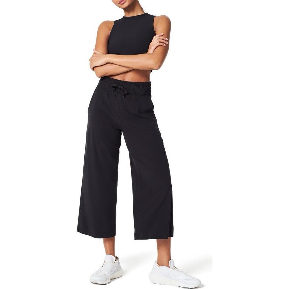 Spanx Women's Black Casual Fridays Elastic Waist Crop Wide Leg Pants Large NWOT